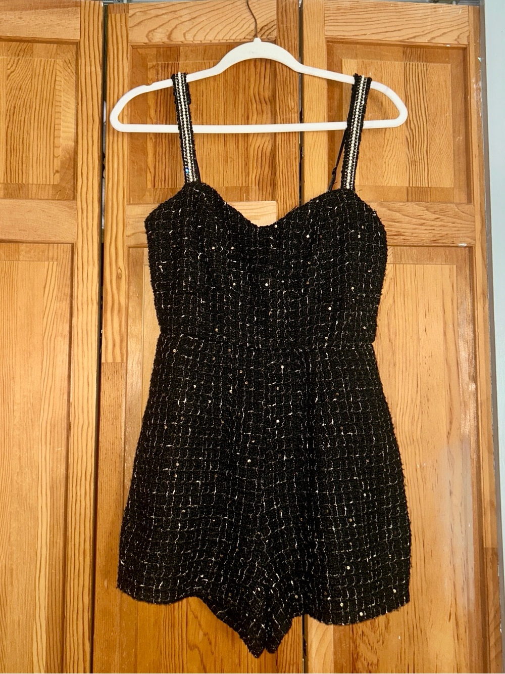 NWT Francesca's Collections Black Tweed Sparkle-Strap Romper